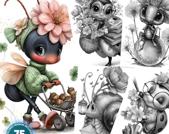 Puede incluir: Un libro para colorear con insectos adorables. La portada muestra una mariquita negra y roja con un suéter verde empujando una carretilla llena de bellotas. El título del libro es "Adorable Bugs - Book 6".