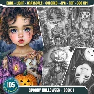 不気味なハロウィーンの本 1: 大人と子供向けの 105 の塗り絵ページ 即時ダウンロード グレースケールの塗り絵 印刷可能な PDF 妖精の女の子