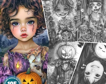 Spooky Halloween Book 1: 105 Coloring Pages for Adults and Kids Instant Download Grayscale Coloring Book Printable PDF Fairy Girl