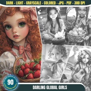 Darling Global Girls: 90 Malseiten für Erwachsene und Kinder zum sofortigen Download Graustufen Malbuch Printable PDF&JPG Kinder Cartoon