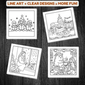 May include: Four square images with black line art illustrations. The images depict Christmas scenes, including gingerbread people, a decorated living room, a person by a window, and a monster cooking with a child. The text at the top reads "LINE ART + CLEAR DESIGNS = MORE FUN!"