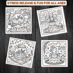 May include: Four square coloring pages with plant-themed illustrations. Each page features a different design, including terrariums, potted plants, and cacti. The text "STRESS RELEASE & FUN FOR ALL AGES" is at the top.