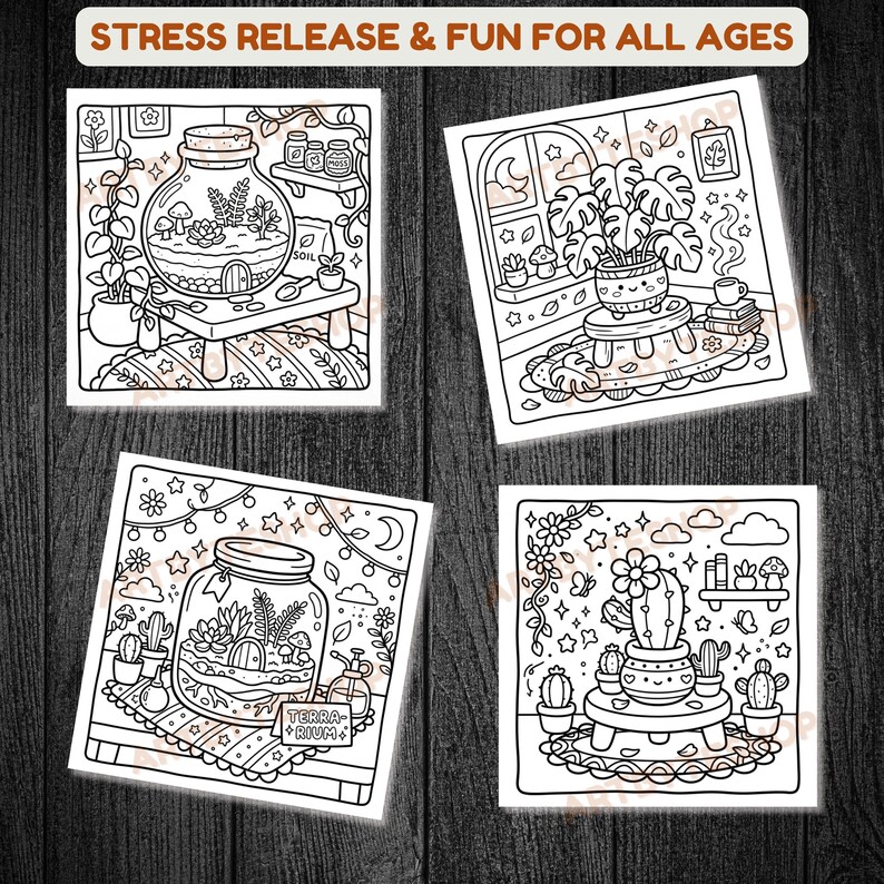 May include: Four square coloring pages with plant-themed illustrations. Each page features a different design, including terrariums, potted plants, and cacti. The text "STRESS RELEASE & FUN FOR ALL AGES" is at the top.