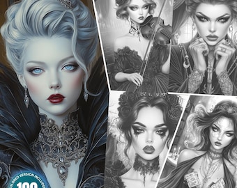 Retratos de glamour gótico: 100 páginas para colorear para adultos Descarga instantánea Libro para colorear en escala de grises PDF y JPG imprimibles Paquete para colorear de Halloween