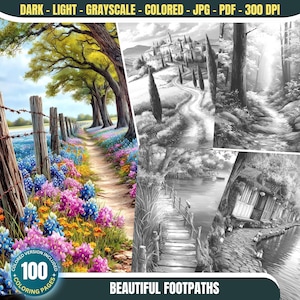 May include: A collection of coloring pages featuring various scenic footpaths. The image includes a colored version of a path lined with colorful wildflowers and a wooden fence, along with grayscale illustrations of other paths. The text "BEAUTIFUL FOOTPATHS" is at the bottom.