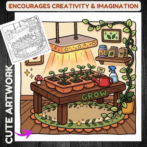 May include: A colorful illustration of a gardening scene. A table with a tray of seedlings, a red watering can, and a blue spray bottle. The word "GROW" is on the table. The image includes the text "ENCOURAGES CREATIVITY & IMAGINATION" and "CUTE ARTWORK".