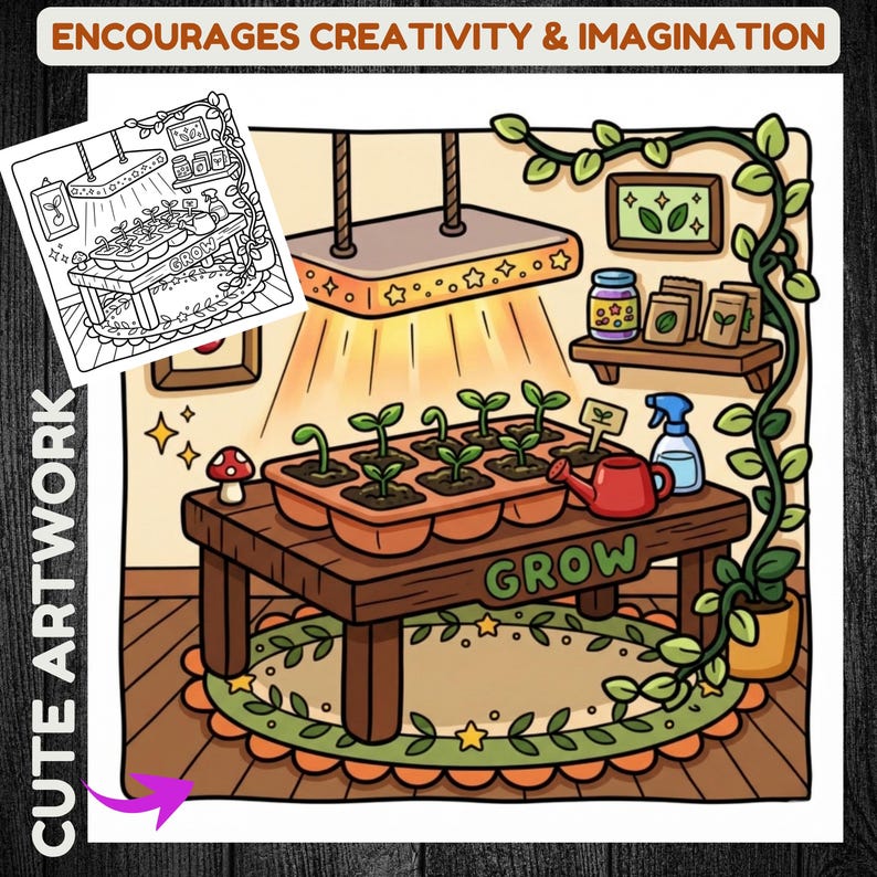 May include: A colorful illustration of a gardening scene. A table with a tray of seedlings, a red watering can, and a blue spray bottle. The word "GROW" is on the table. The image includes the text "ENCOURAGES CREATIVITY & IMAGINATION" and "CUTE ARTWORK".