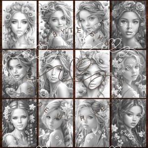 Pu&ograve; includere: Nove illustrazioni in bianco e nero di donne con fiori nei capelli. Ogni illustrazione &egrave; incorniciata da un bordo in legno marrone. Il testo "ART BY TE SHOP" appare nell'angolo in alto a destra di ogni illustrazione.
