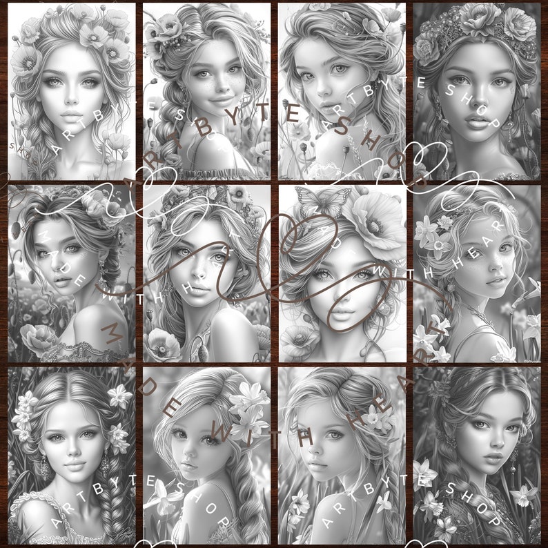 Pu&ograve; includere: Nove illustrazioni in bianco e nero di donne con fiori nei capelli. Ogni illustrazione &egrave; incorniciata da un bordo in legno marrone. Il testo "ART BY TE SHOP" appare nell'angolo in alto a destra di ogni illustrazione.