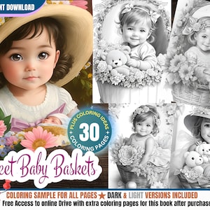 30 Sweet Baby Baskets Coloring Pages for Adults + kids + Bonus - Instant Download - Grayscale Coloring Pages Coloring books Printable PDF