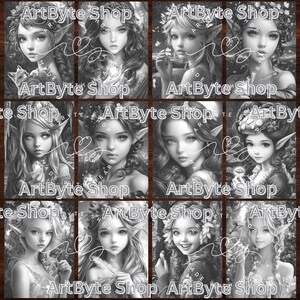 May include: A digital collage of ten black and white illustrations of women with fairy wings and floral crowns. The images are arranged in a grid pattern and each image has the text "ArtByte Shop" at the top and bottom.