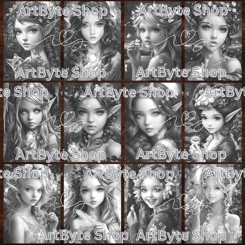 May include: A digital collage of ten black and white illustrations of women with fairy wings and floral crowns. The images are arranged in a grid pattern and each image has the text "ArtByte Shop" at the top and bottom.