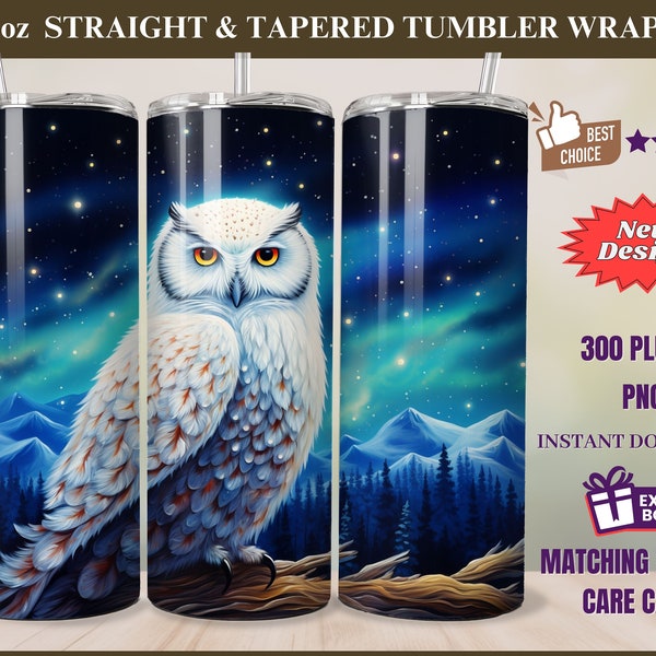 White Owl Tumbler Wrap Designs - Skinny Tumbler 20 oz and 30 oz Sublimation Design, Straight & Tapered Tumbler Wrap PNG Halloween Owl Design