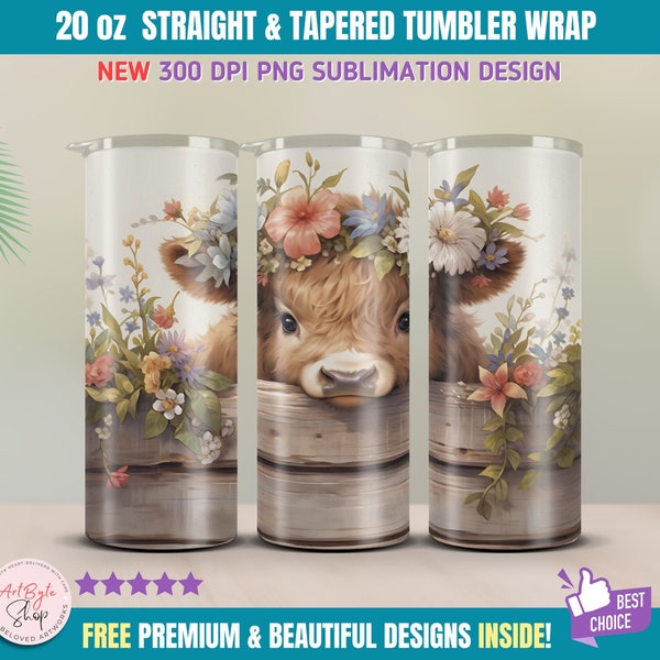 Cute baby Highland Cow Skinny Tumbler Wrap 20 oz Sublimation Design, Straight & Tapered PNG, Cute Floral Animal Tumbler Wrap