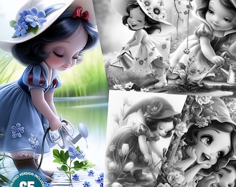 Garden Gnomes 4: Snow White Gnome - 65 Coloring Pages for Adults and Kids Instant Download Grayscale Coloring Book Printable PDF&JPG Bundle