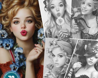 Elegance and Expression: 70 Coloring Pages for Adults Instant Download Grayscale Coloring Book Printable PDF&JPG Flower Fashion Girls Bundle