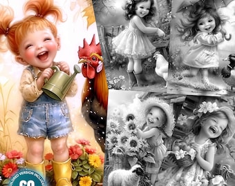Cute Little Girls with Farm Animals - 60 Coloring Pages for Adults and Kids Instant Download Grayscale Coloring Book Printable PDF & JPG Set