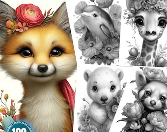 Schattige bloem dierenportretten: 100 dieren kleurplaten voor volwassenen en kinderen Instant download kleurboek in grijstinten afdrukbare pdf- en JPG-set