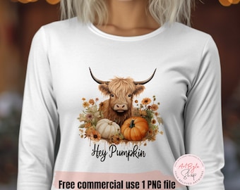 Hey Kürbis PNG Sublimation Design digitaler Download, süße Highland Kuh PNG, Herbst Png, Herbst PNG T-Shirt Design süße Highland Kuh Design