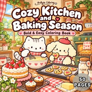 May include: A colouring book titled Cozy Kitchen and Baking Season featuring a cartoon cat whisking batter and a dog holding a heart-shaped cookie. The cover displays a strawberry cake, cupcakes, a baking sheet of cookies, and a flour jar.