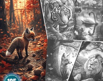 Woodland Animals in Fall: 105 Coloring Pages Mega Bundle for Adults and Kids Instant Download Grayscale Coloring Book PDF& JPG Jungle Fall