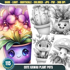 Schattige kawaii-plantenpotten: 115 kleurplaten voor volwassenen en kinderen Instant download kleurboek afdrukbare pdf en JPG Vetplanten en bloempotten