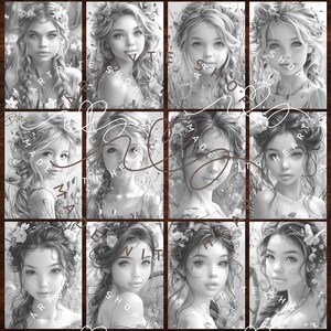 Pu&ograve; includere: Un collage digitale di nove immagini in bianco e nero con ragazze giovani con corone di fiori e trecce. Le immagini sono disposte in una griglia 3x3. Ogni immagine ha il testo "Made with Heart" e "ArtsbyTesshop".