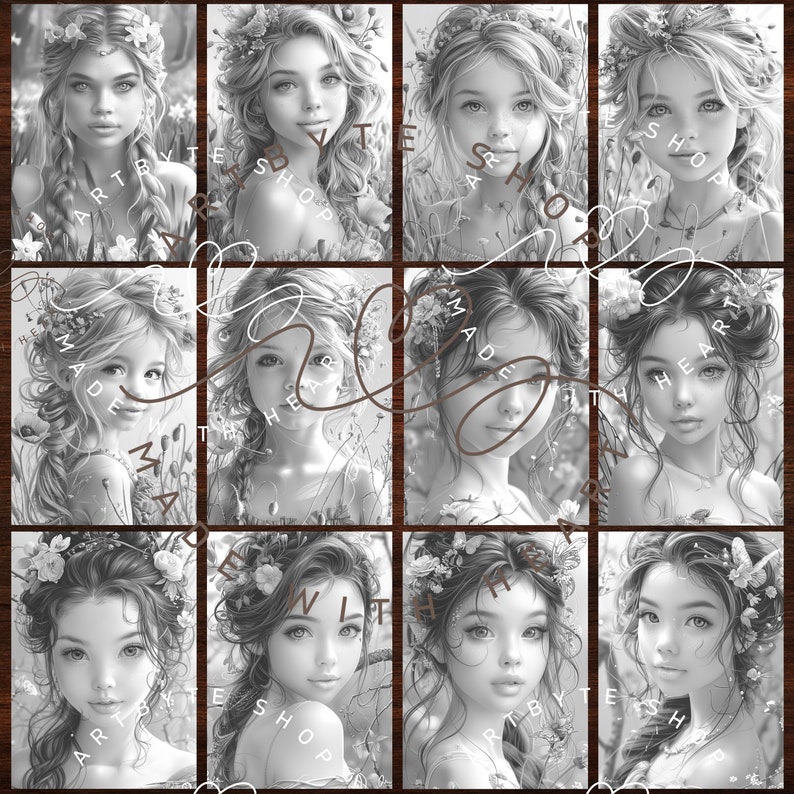 Pu&ograve; includere: Un collage digitale di nove immagini in bianco e nero con ragazze giovani con corone di fiori e trecce. Le immagini sono disposte in una griglia 3x3. Ogni immagine ha il testo "Made with Heart" e "ArtsbyTesshop".