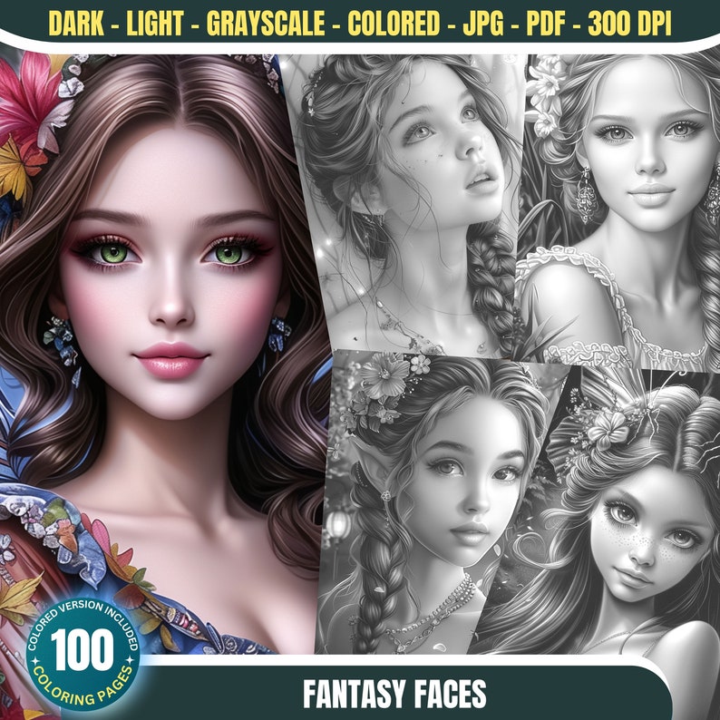 Pu&ograve; includere: Un set di quattro pagine da colorare di volti fantastici con donne con acconciature intricate e accenti floreali. Le pagine sono disponibili in versioni scure, chiare, in scala di grigi e a colori. Il testo "FANTASY FACES" e "COLORED VERSION INCLUDED 100 COLORING PAGES" &egrave; incluso nell'immagine.