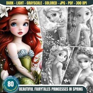 May include: A digital coloring book featuring four princesses from fairy tales. The princesses are Ariel, Elsa, Rapunzel, and Cinderella. Each princess is depicted in a spring setting with flowers and greenery. The coloring book includes 80 pages and is available in JPG and PDF formats.