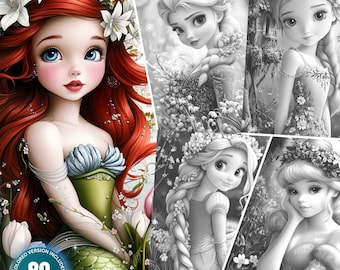 Princesses des contes de fées au printemps : 80 pages à colorier pour adultes téléchargement immédiat, livre de coloriage en niveaux de gris imprimable PDF et JPG