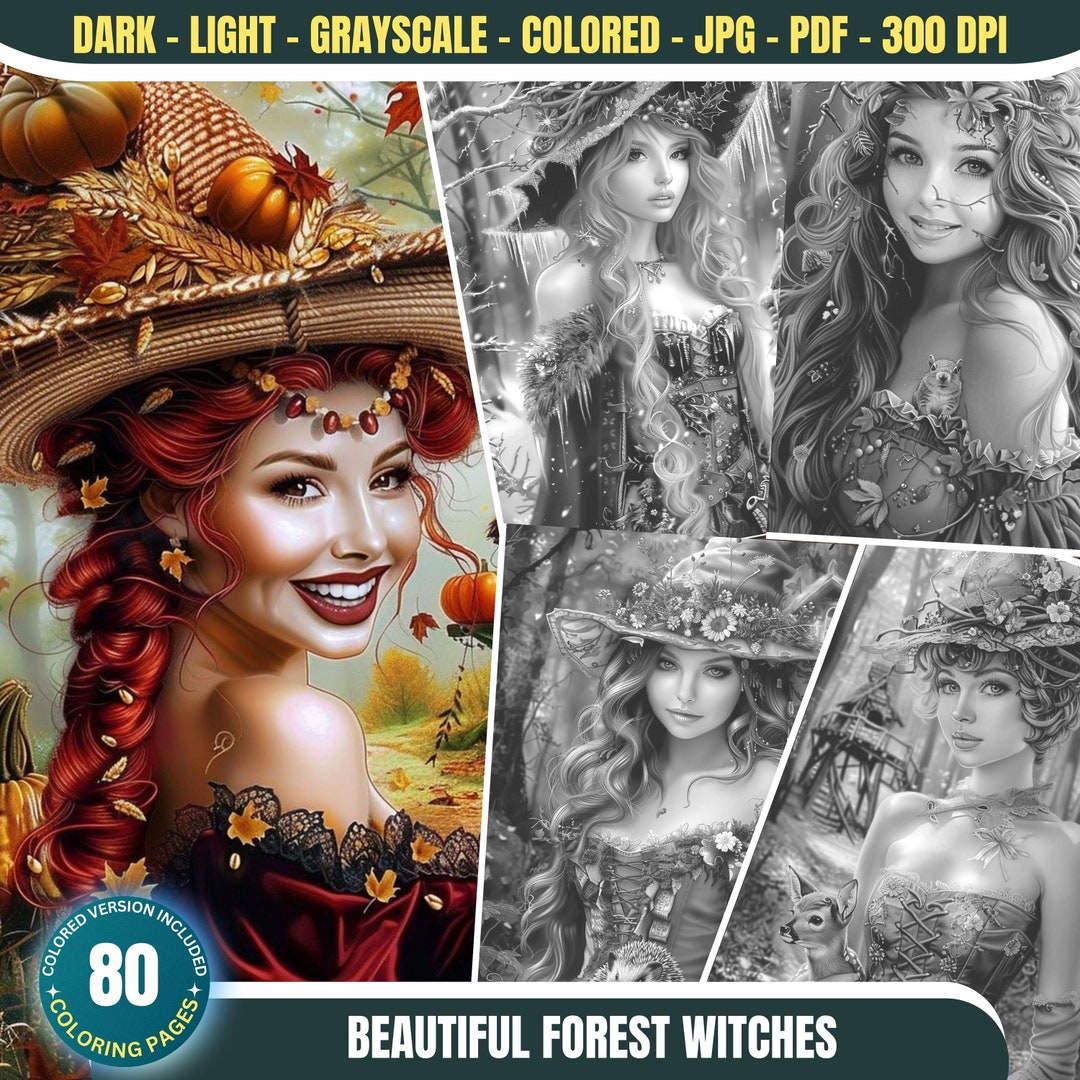 Beautiful Forest Witches: 80 Coloring Pages for Adults and Kids Instant ...