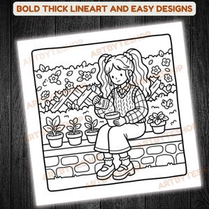 May include: Black and white line art illustration of a person planting seeds in a pot, with the text "BOLD THICK LINEART AND EASY DESIGNS" at the top. The person is sitting on a brick wall in a garden setting, surrounded by plants and flowers.