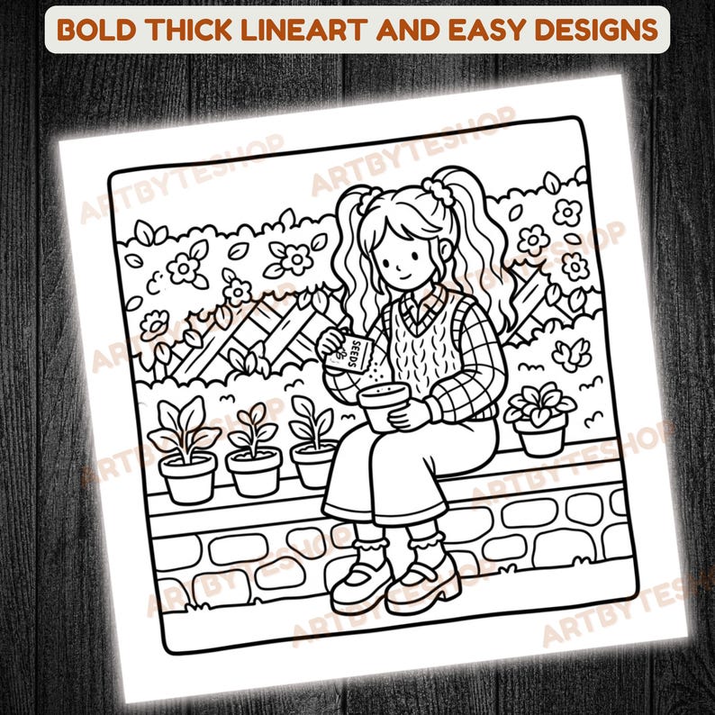 May include: Black and white line art illustration of a person planting seeds in a pot, with the text "BOLD THICK LINEART AND EASY DESIGNS" at the top. The person is sitting on a brick wall in a garden setting, surrounded by plants and flowers.