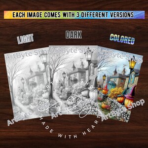 May include: Three versions of a Halloween-themed coloring page are displayed. The versions include a light, dark, and colored version. The colored version shows a stone wall, pumpkins, and houses with witch hats. The text "EACH IMAGE COMES WITH 3 DIFFERENT VERSIONS" is at the top.