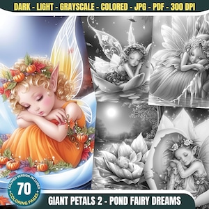 Giant Petals 2 – Pond Fairy Dreams: 70 Malseiten für Erwachsene und Kinder. Sofortiger Download, Graustufen-Malbuch, druckbare Blume im PDF- und JPG-Format