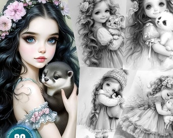 Jolies petites filles avec des amis les animaux - 80 pages à colorier pour adultes et enfants, téléchargement immédiat, livre de coloriage en niveaux de gris imprimable PDF et JPG