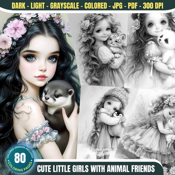 Cute Little Girls with Animal Friends - 80 Coloring Pages for Adults and Kids Instant Download Grayscale Coloring Book Printable PDF & JPG