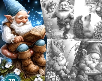 Garden Gnome 7: Grandpa Gnomes - 70 Coloring Pages for Adults and Kids Instant Download Grayscale Coloring Book Printable PDF & JPG Bundle