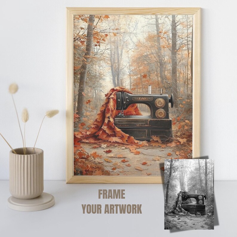 May include: A vintage sewing machine sits in a forest setting with fallen autumn leaves. The machine is black with a red and gold accent. The leaves are a mix of orange, yellow, and brown.