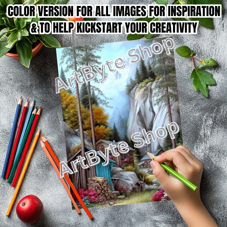 May include: A colorful landscape painting with a mountain and forest scene. The image is surrounded by colored pencils, a red apple, and the text "COLOR VERSION FOR ALL IMAGES FOR INSPIRATION & TO HELP KICKSTART YOUR CREATIVITY" and "ArtByte Shop".