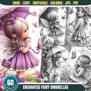 Pode incluir: Um conjunto de 60 páginas para colorir com fadas com guarda-chuvas. As fadas são representadas em várias poses, algumas segurando guarda-chuvas, algumas com as asas abertas e outras com flores. As páginas para colorir são em preto e branco, com uma versão colorida de uma das páginas incluída.