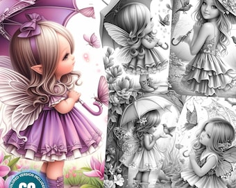 Ombrelli delle fate incantate: 60 pagine da colorare per adulti e bambini Download istantaneo Libro da colorare in scala di grigi PDF stampabile e pacchetto da colorare JPG