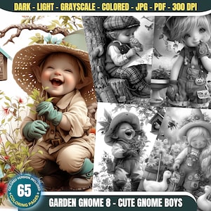 Garden Gnome 8: Cute Gnome Boys - 65 Coloring Pages for Adults and Kids Instant Download Grayscale Coloring Book Printable PDF & JPG Bundle