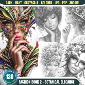 Fashion Book 2: Botanical Elegance - 130 Coloring Pages for Adults and Kids Instant Download Grayscale Coloring Printable PDF& JPG Digital