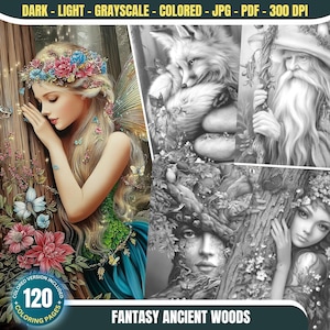 Fantasy Ancient Woods: 120 Coloring Pages for Adults and Kids Instant Download Grayscale Coloring Book Printable PDF &JPG Fairy Coloring Set