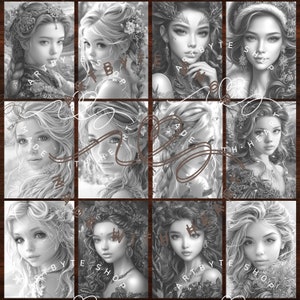 Pu&ograve; includere: Un collage digitale di dieci illustrazioni in bianco e nero di donne con capelli lunghi e corone di fiori. Il testo "ART BY TES SHOP" appare nell'angolo in alto a destra dell'immagine.