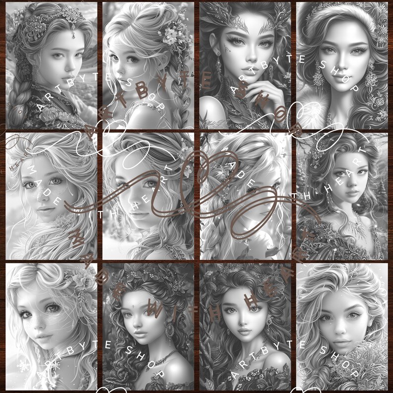 Pu&ograve; includere: Un collage digitale di dieci illustrazioni in bianco e nero di donne con capelli lunghi e corone di fiori. Il testo "ART BY TES SHOP" appare nell'angolo in alto a destra dell'immagine.