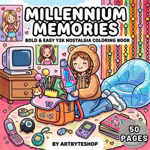 May include: A colorful illustration of a coloring book titled "Millennium Memories." The cover features a cartoon girl holding a lava lamp, surrounded by Y2K-era items. The book is labeled "Bold & Easy Y2K Nostalgia Coloring Book" and has 50 pages.