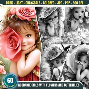 Adorables filles avec fleurs et papillons - 60 pages à colorier pour adultes et enfants, téléchargement immédiat, livre de coloriage en niveaux de gris imprimable PDF